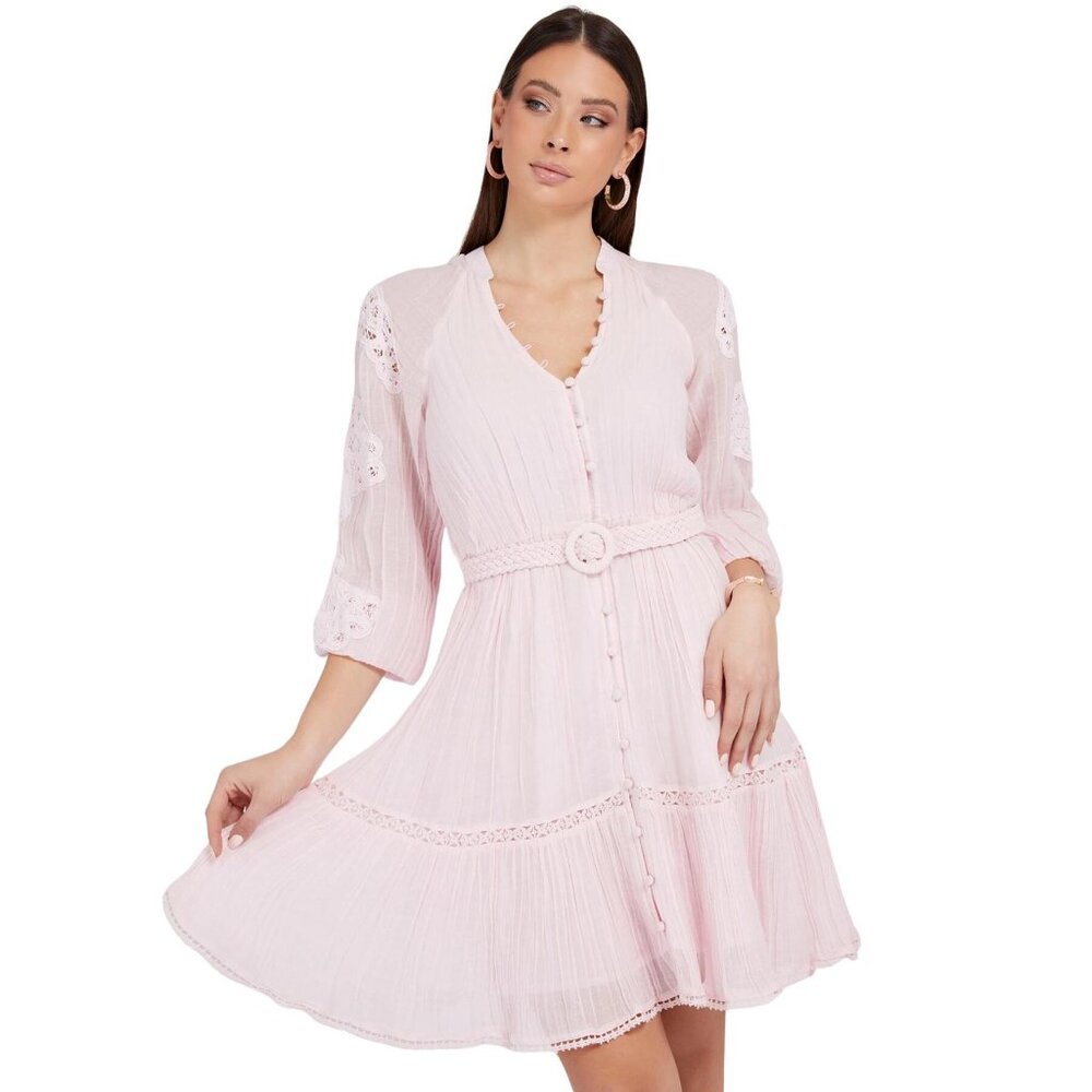 Guess Pink Lace Long Sleeve Button-Down Dress  arita dress without belt